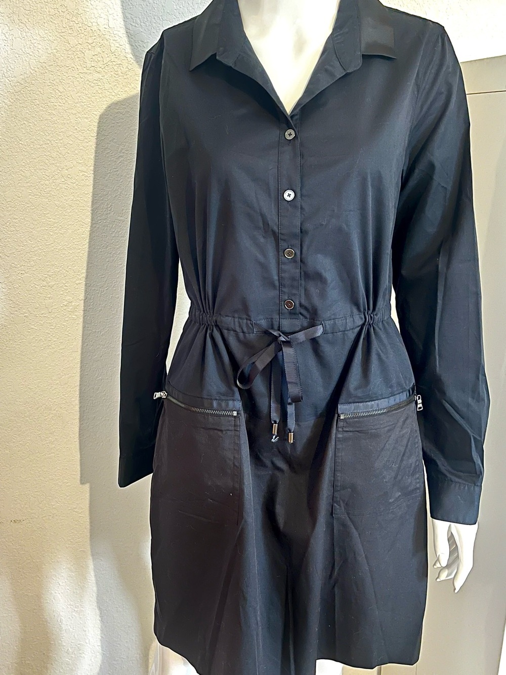 Elie Tahari Jennifer Black Long Sleeve Utility Shirt Dress Cinch Waist 8